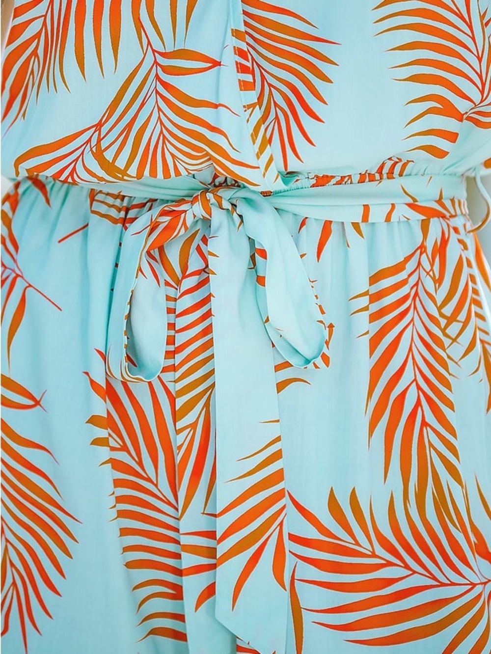 Cupshe Aqua Tropical Leaf Wrap Midi Romper with Orange Leaves - Picture 6 of 7